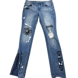 Broken Promises Jeans Womens 34 Ultra Stretch Skinny Distressed Graphic Punk